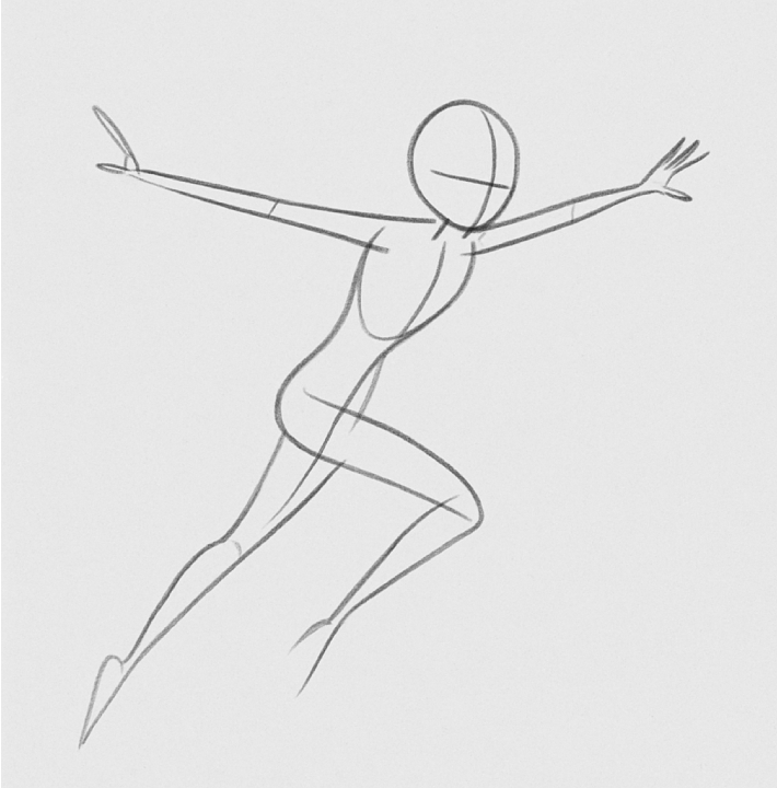 Stage 1: loose gesture sketch of a leaping anime character showing the line of action.