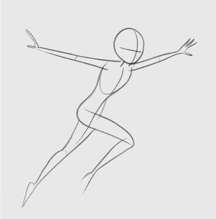 Stage 1: loose gesture sketch of a leaping anime character showing the line of action.