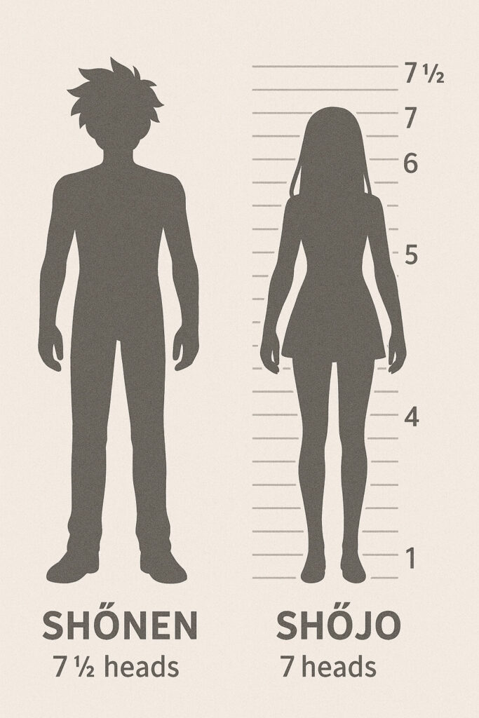 side-by-side cheat-sheet comparing typical shōnen (≈7 ½ heads tall) and shōjo (≈7 heads) proportions