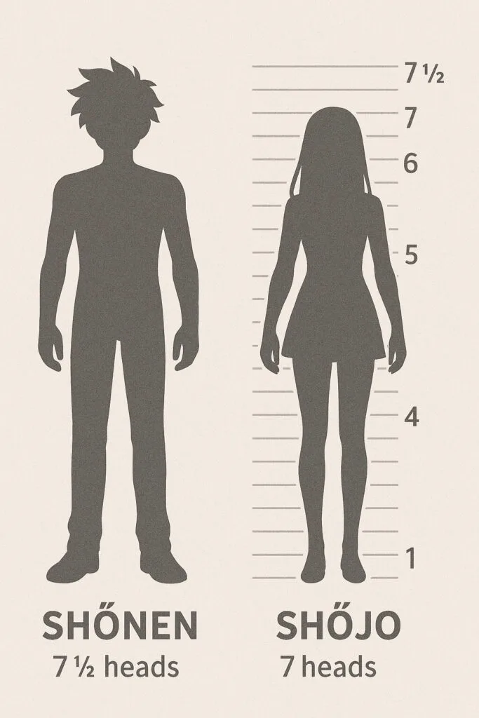 side-by-side cheat-sheet comparing typical shōnen (≈7 ½ heads tall) and shōjo (≈7 heads) proportions