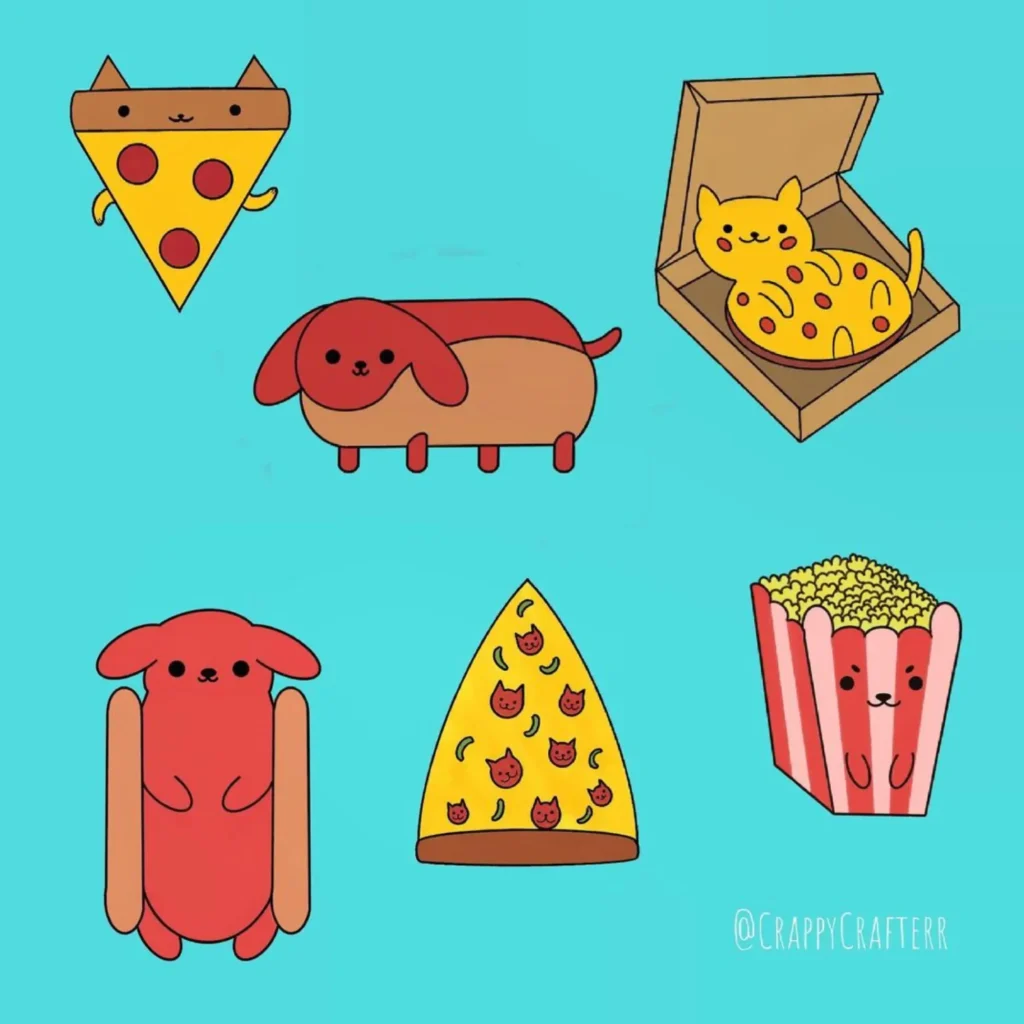 pizza cats and hot dogs doodle