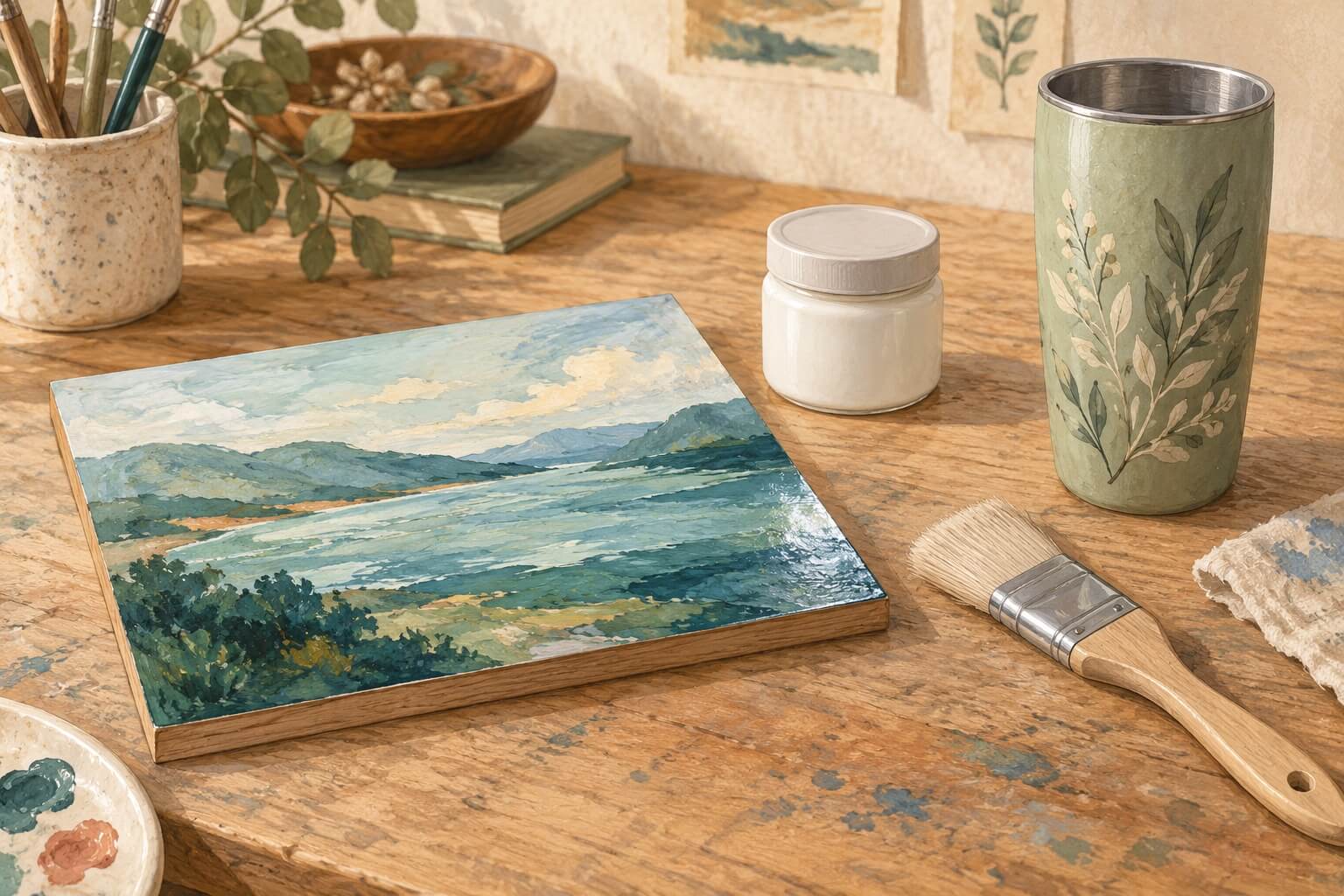 Illustrated painting, flat brush and decorated tumbler