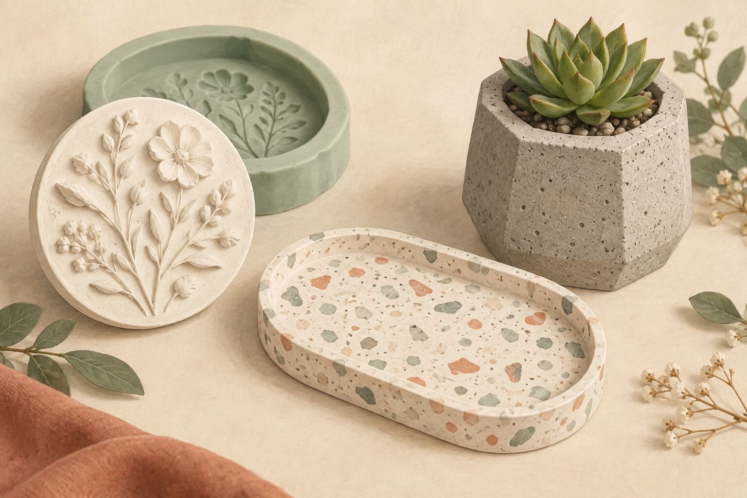 Illustrated plaster ornament, terrazzo-style tray and concrete planter