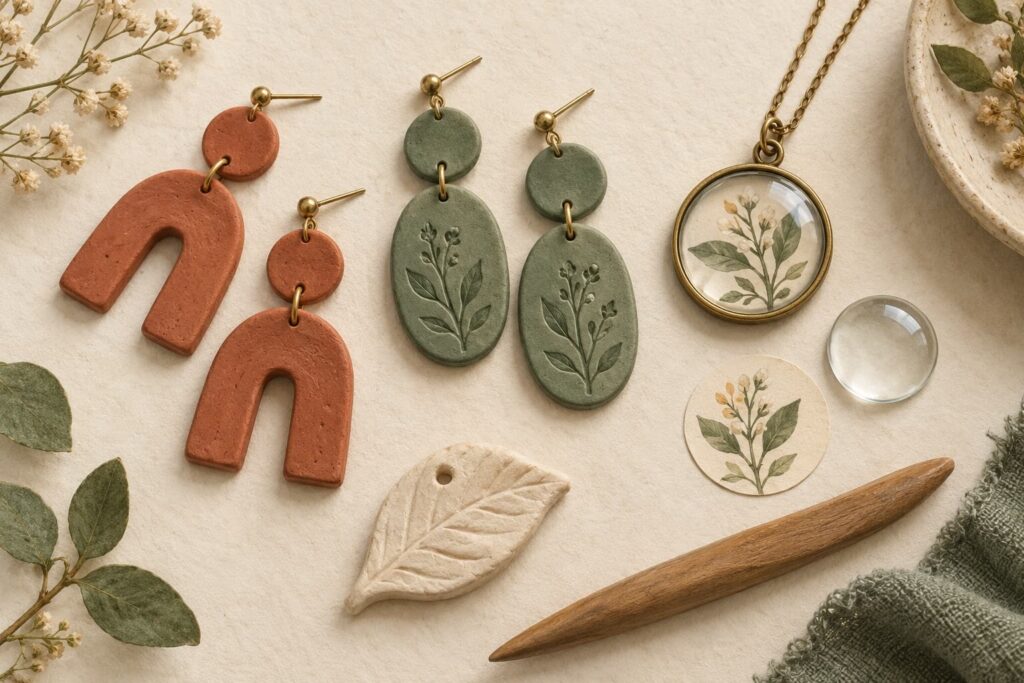 Illustrated clay earrings and glass-covered botanical pendant