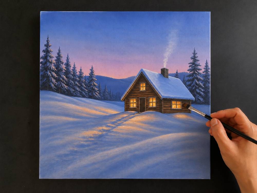 cozy winter cabin hygge scene step 4